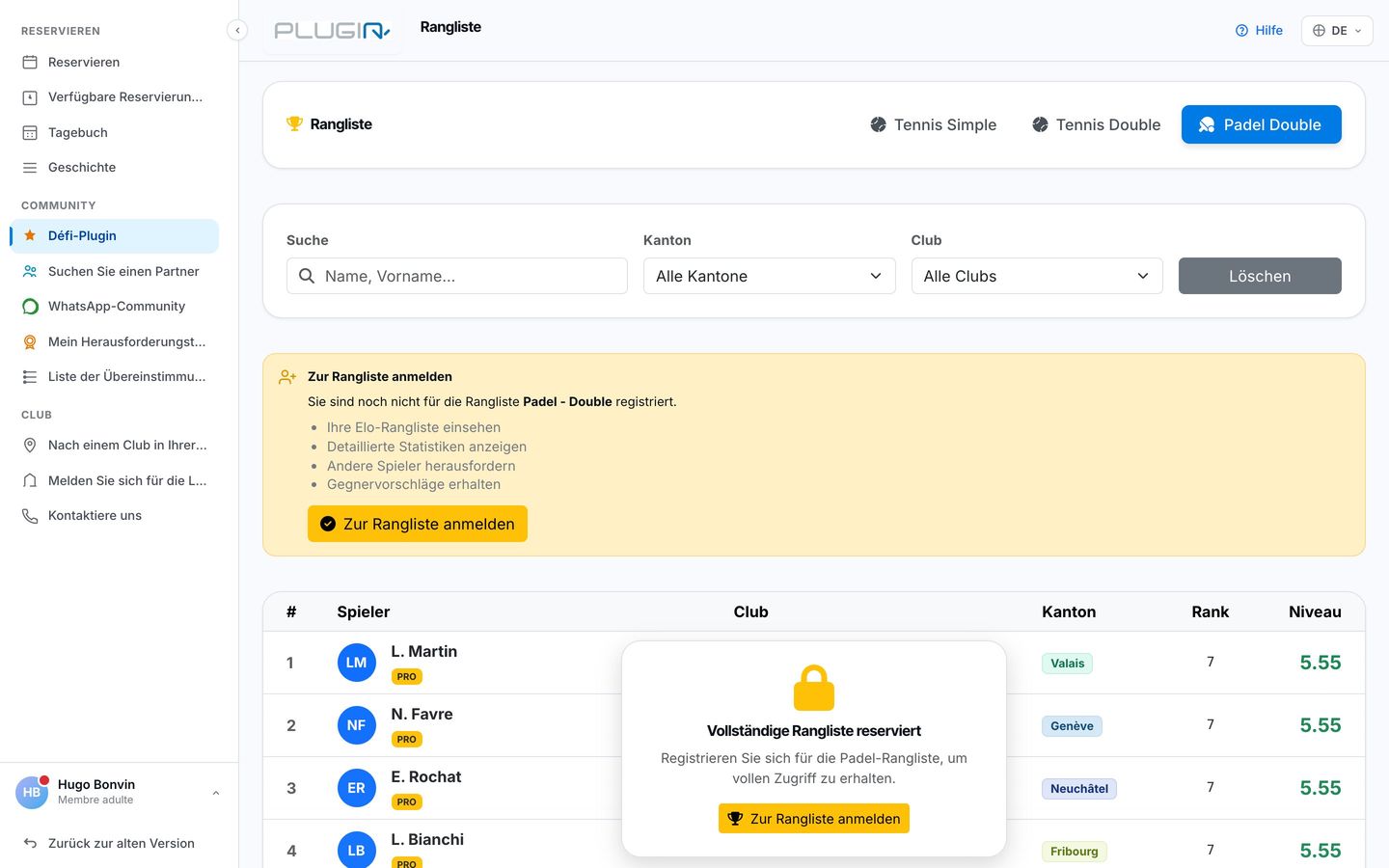 Défi-Plugin-Rangliste nach Kanton und Club