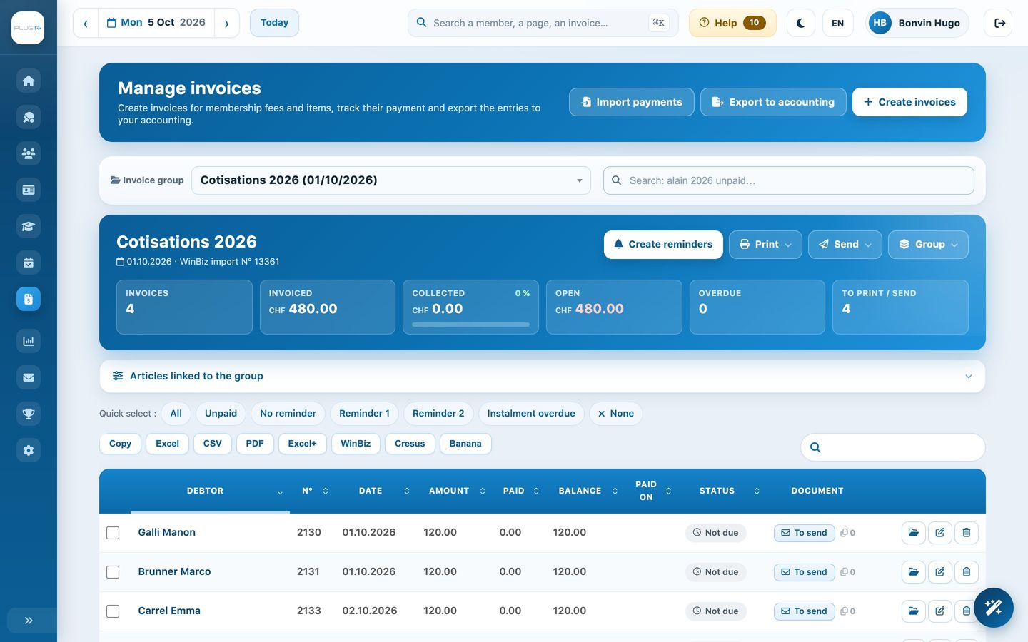 List of invoices for a group with amounts and tracking