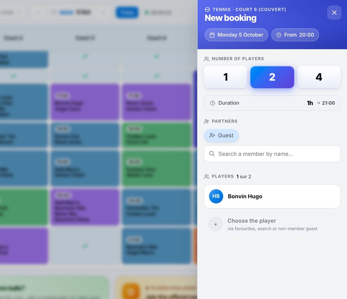 Booking window with player selection and payment