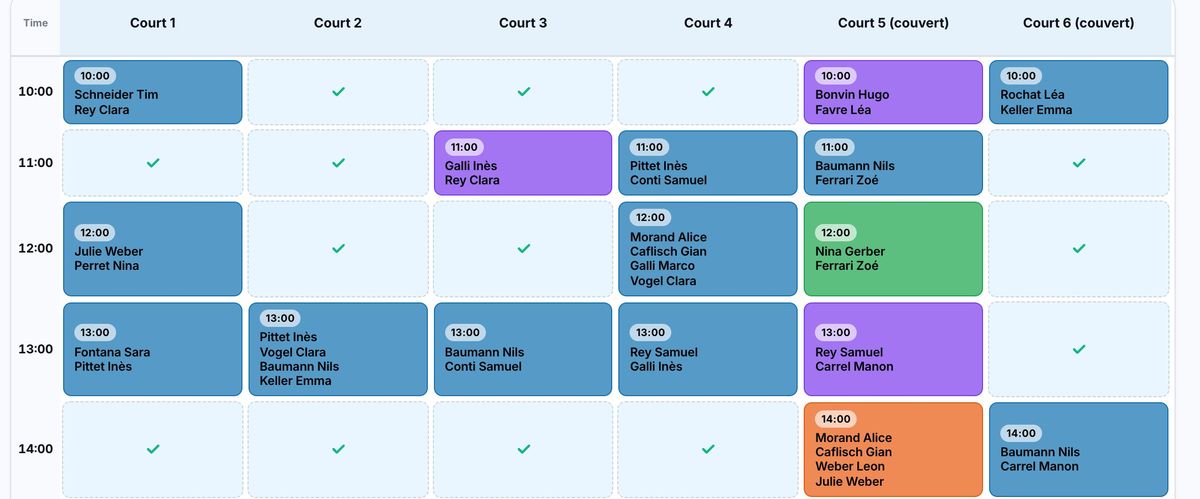 Day planner showing bookings by court