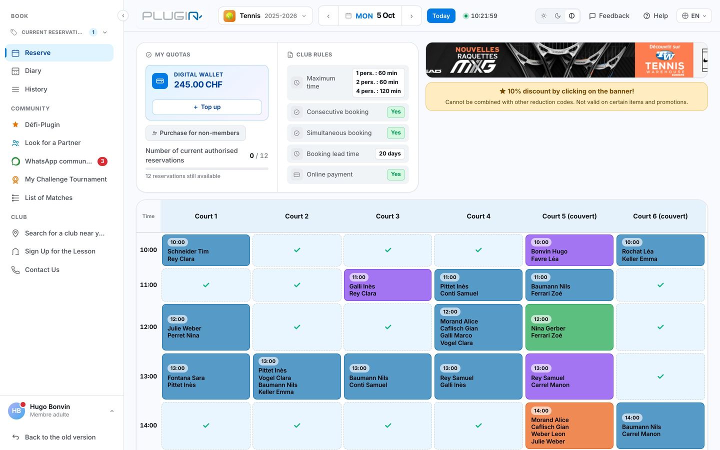 Tennis court booking planner in Plugin.ch