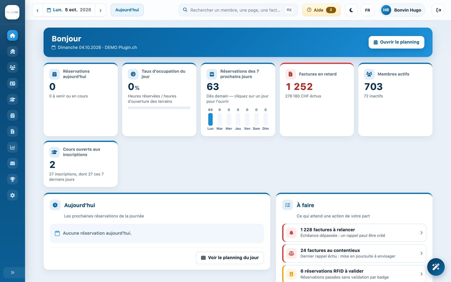 Tableau de bord de l’administration d’un club dans Plugin.ch