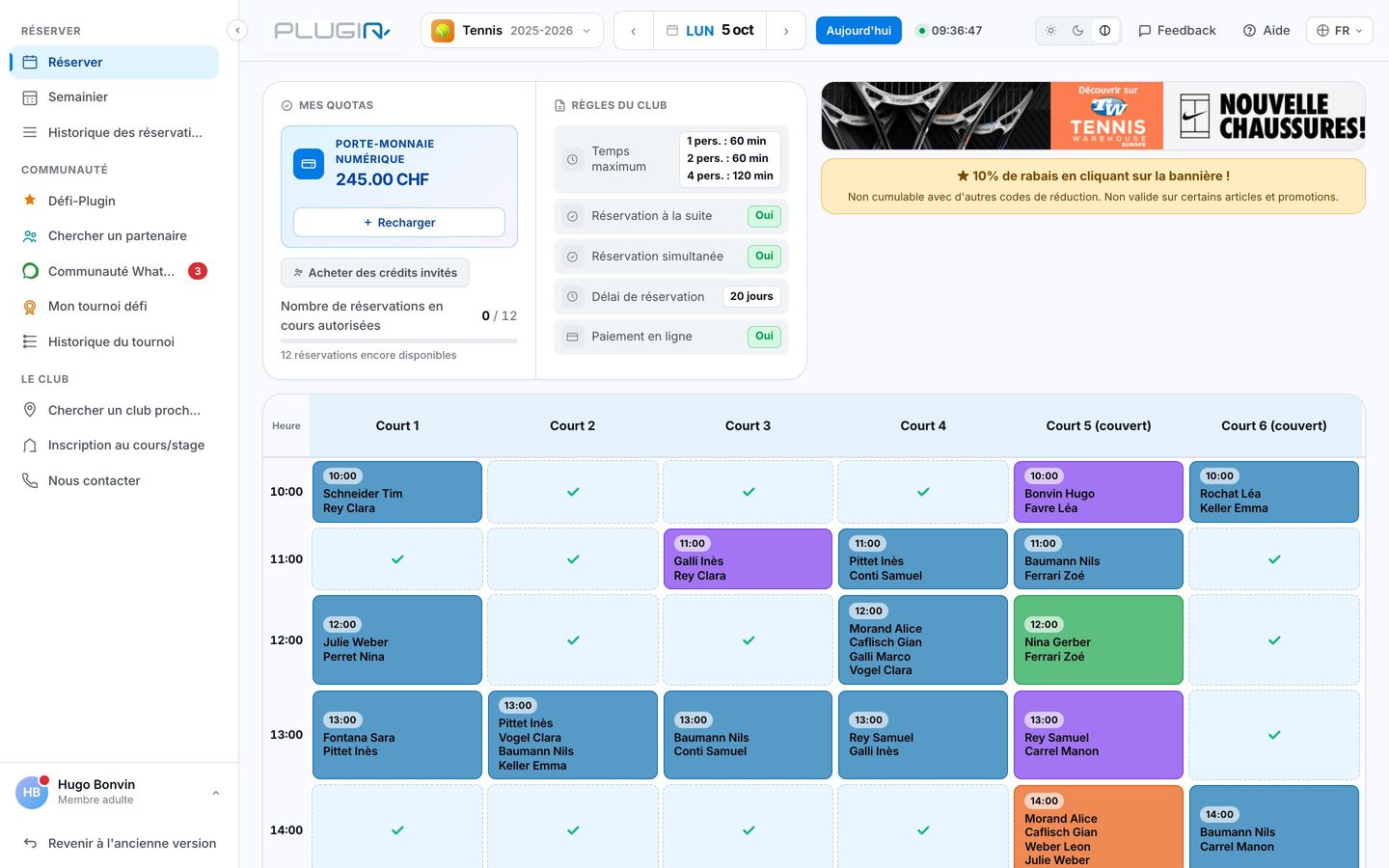 Planning de réservation des courts de tennis dans Plugin.ch