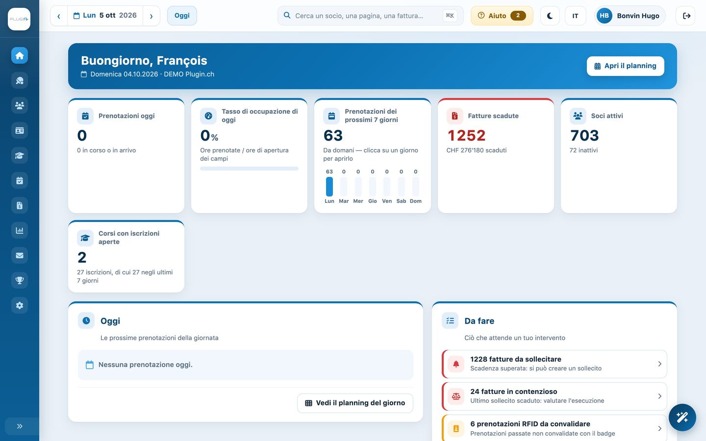 Dashboard dell’amministrazione di un club in Plugin.ch