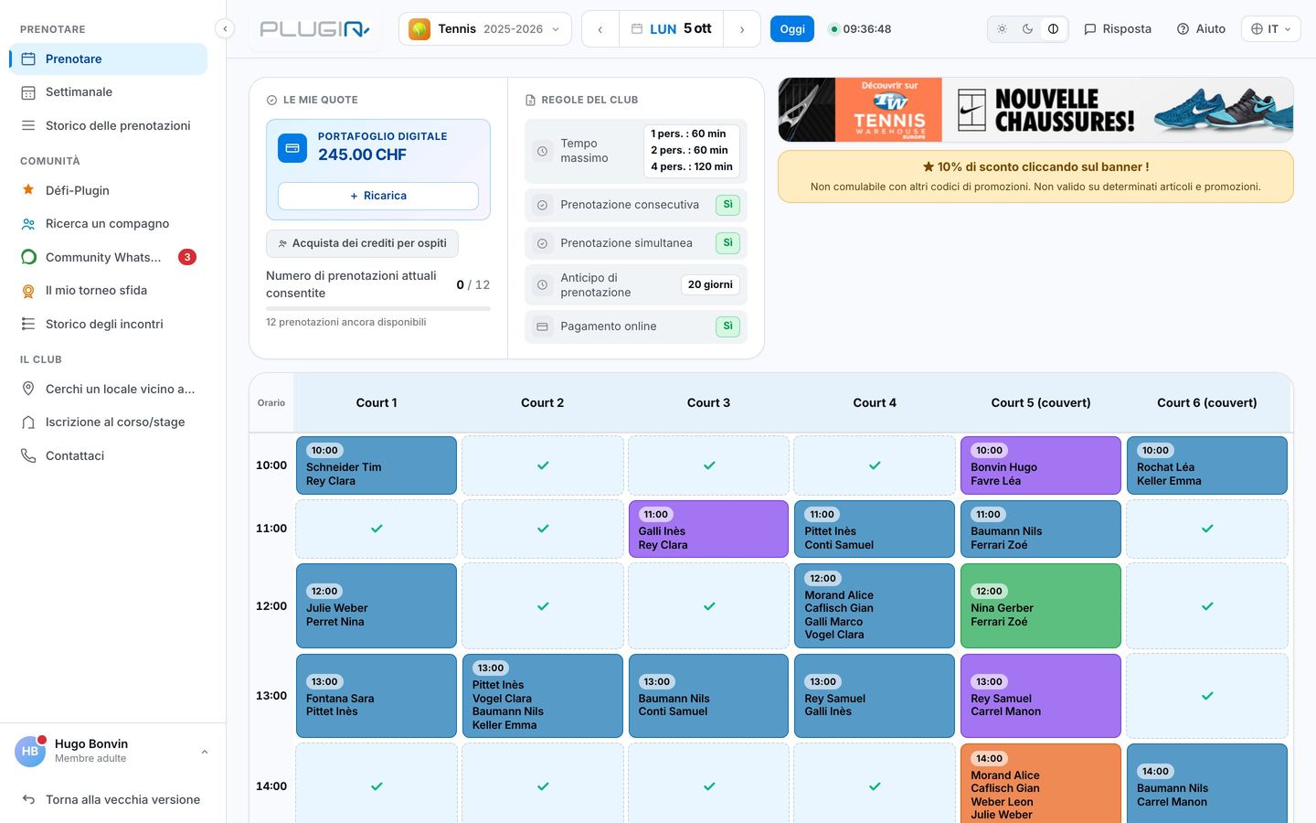 Planning di prenotazione dei campi da tennis in Plugin.ch